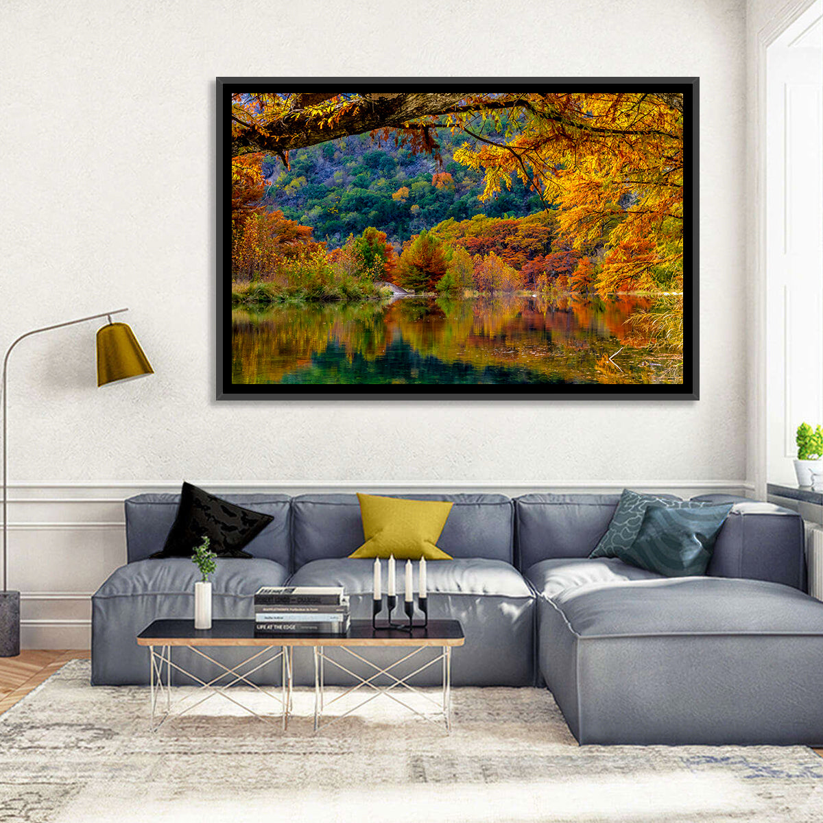 Frio River Autumn Reflection Wall Art in a room, landscape
