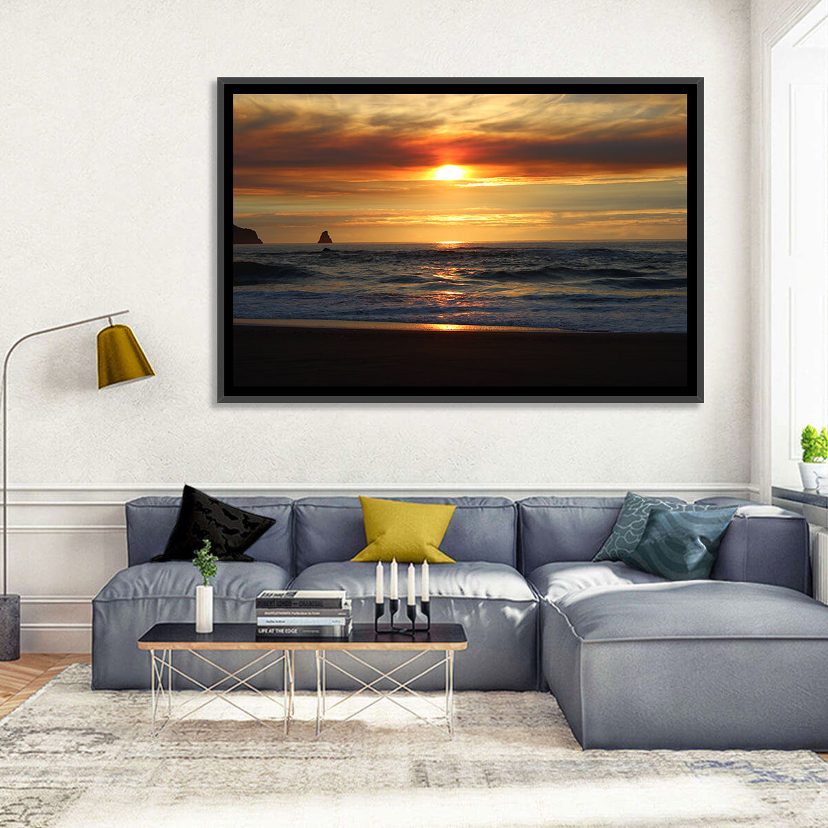 Oregon Sea Stack Sunset Wall Art in a room, landscape
