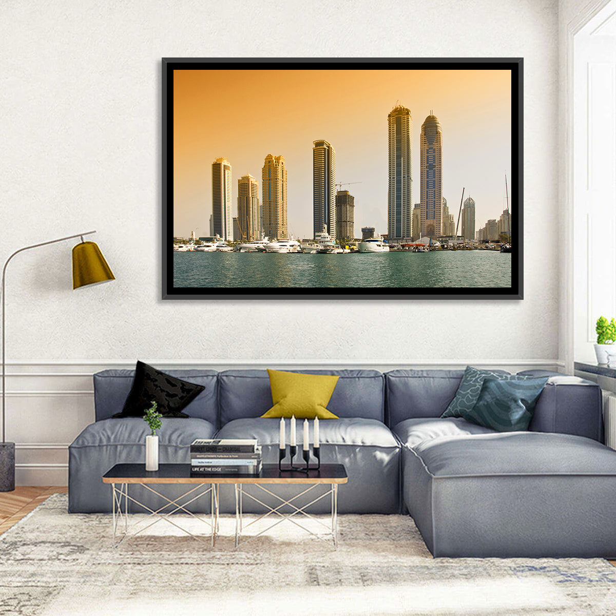 Dubai Marina Sunset Skyline with Yachts Wall Art in a room, landscape