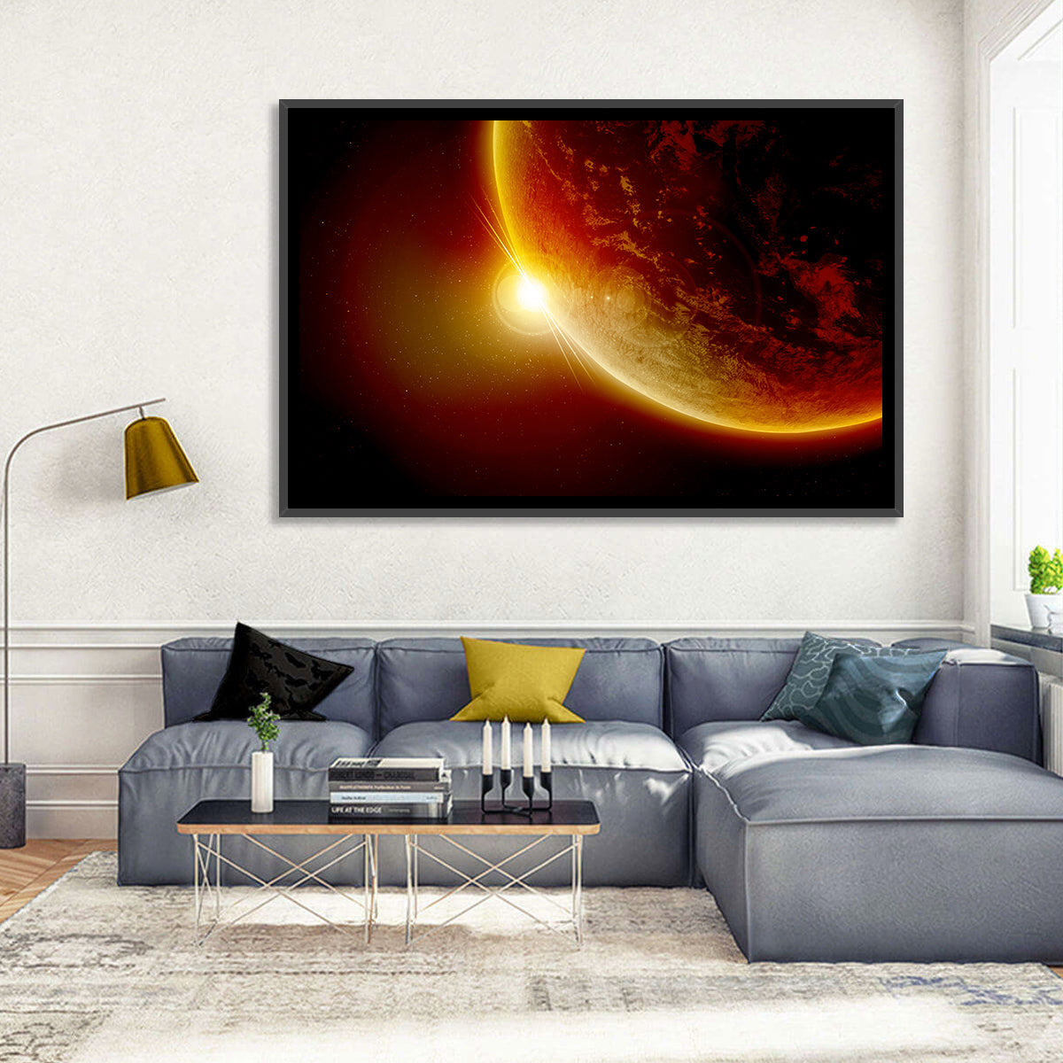 Red Planet Sunrise Limb Flare Wall Art in a room, landscape