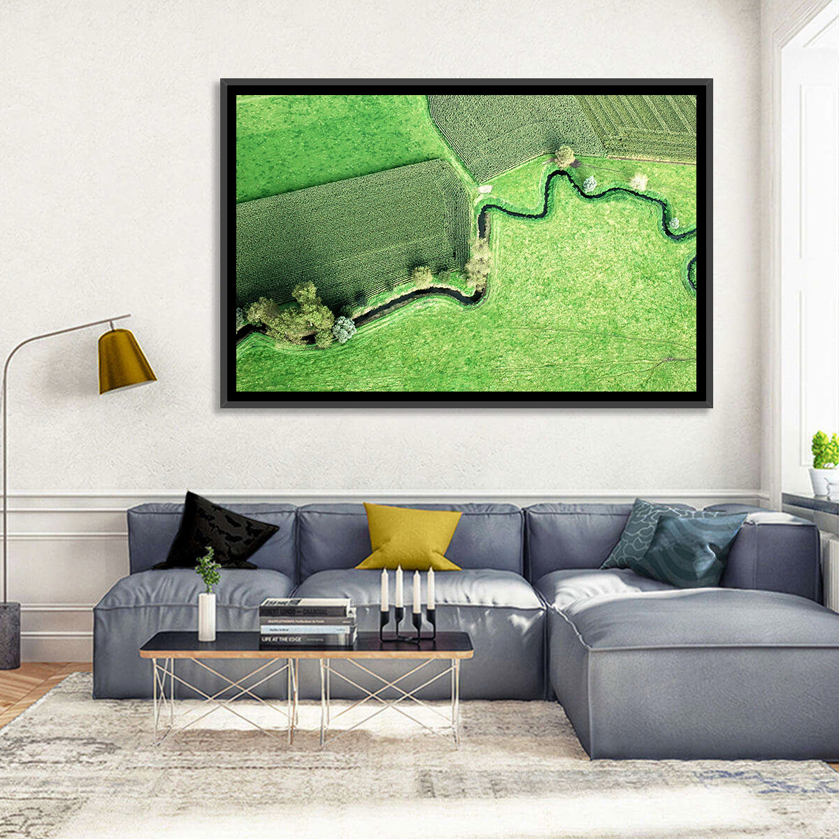 Meandering Stream Over Farmland Wall Art in a room, landscape