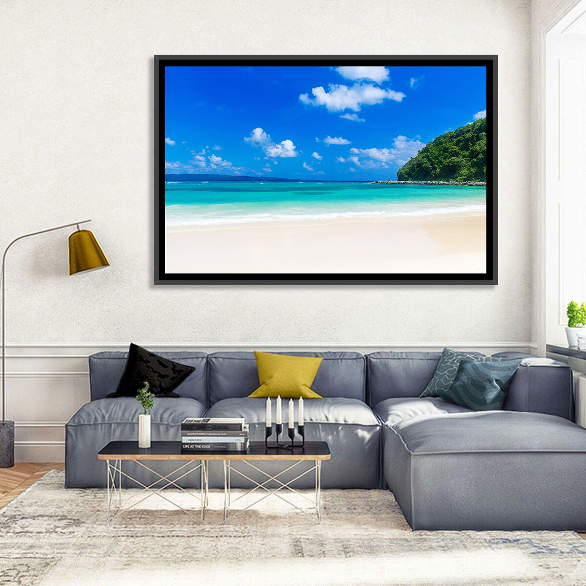 Turquoise Tropical Beach Scene Wall Art in a room, landscape