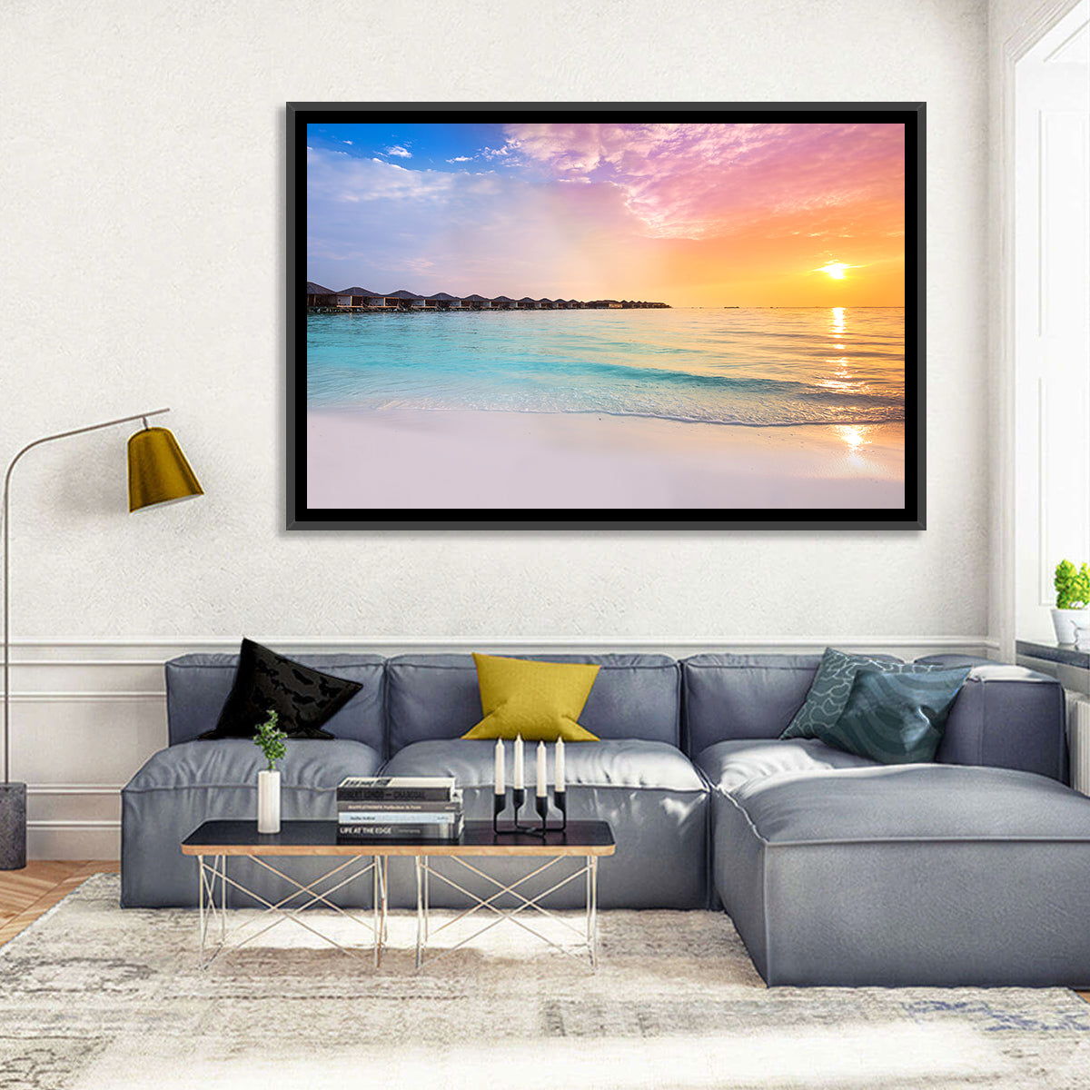 Overwater Bungalows at Sunset Wall Art in a room, landscape