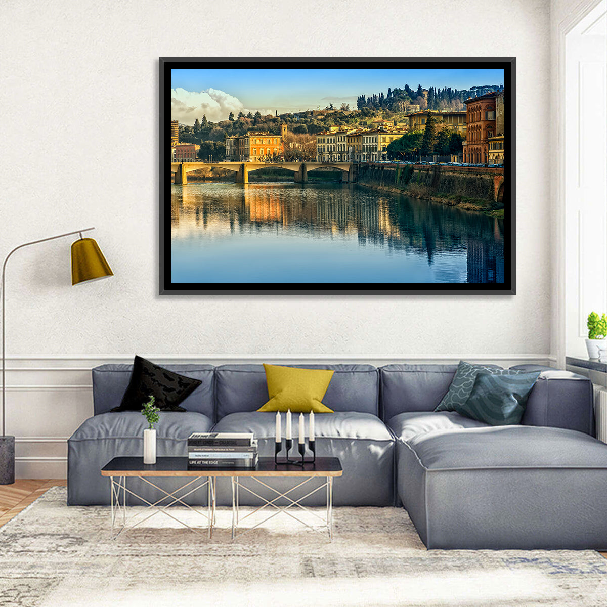Golden Hour Florence Over the Arno River Wall Art in a room, landscape