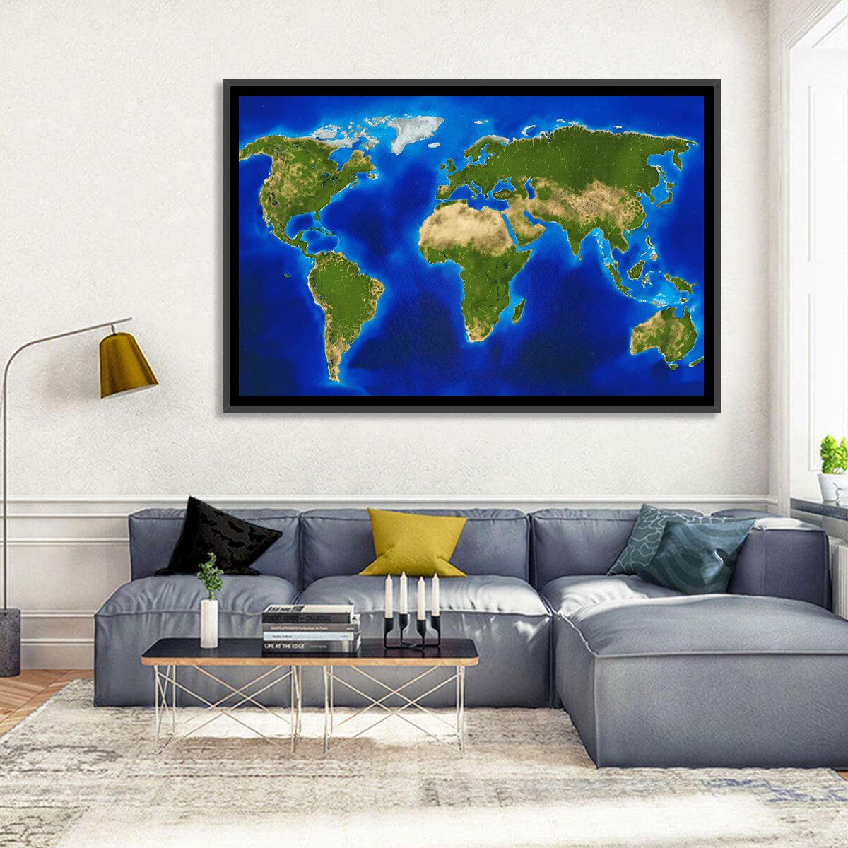 Satellite-style Blue World Map Wall Art in a room, landscape