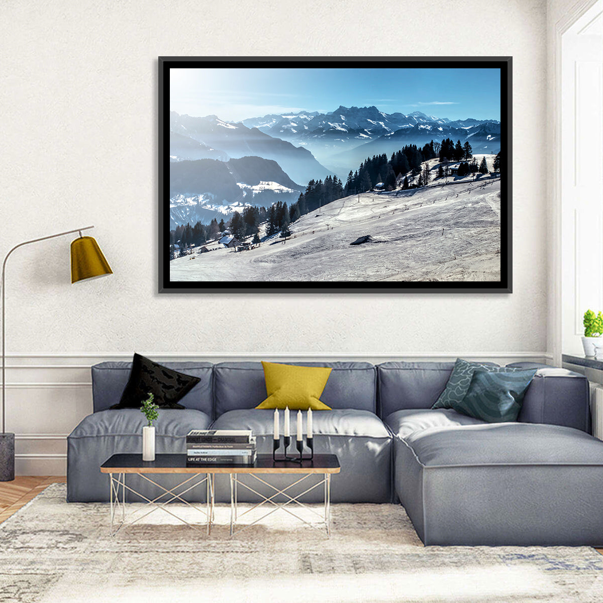 Sunlit Alpine Ski Slope Wall Art in a room, landscape