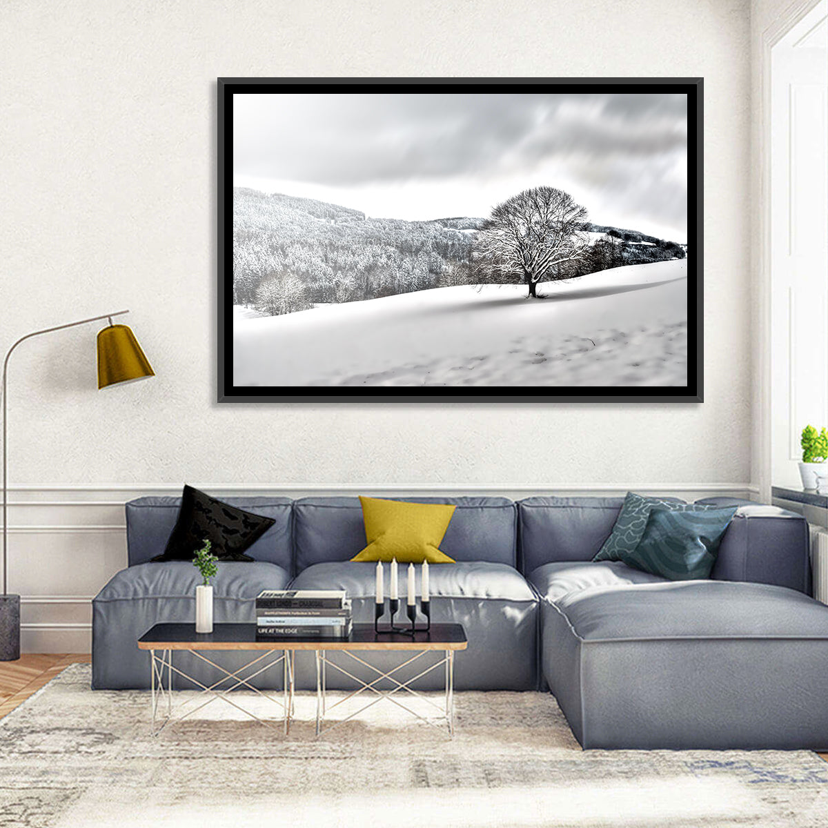 Solitary Snowy Tree Landscape Wall Art in a room, landscape