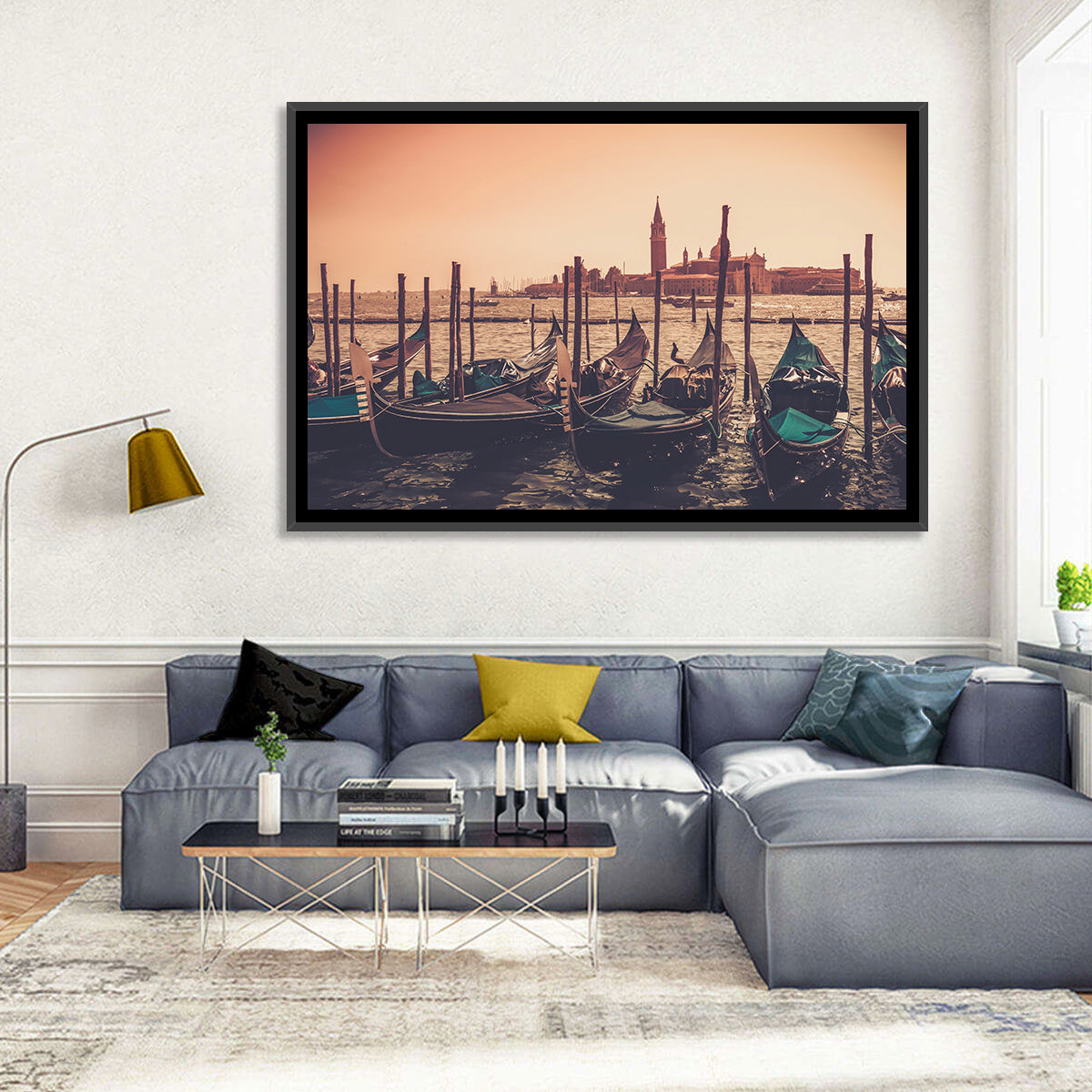 Venetian Gondolas at Dusk Wall Art in a room, landscape