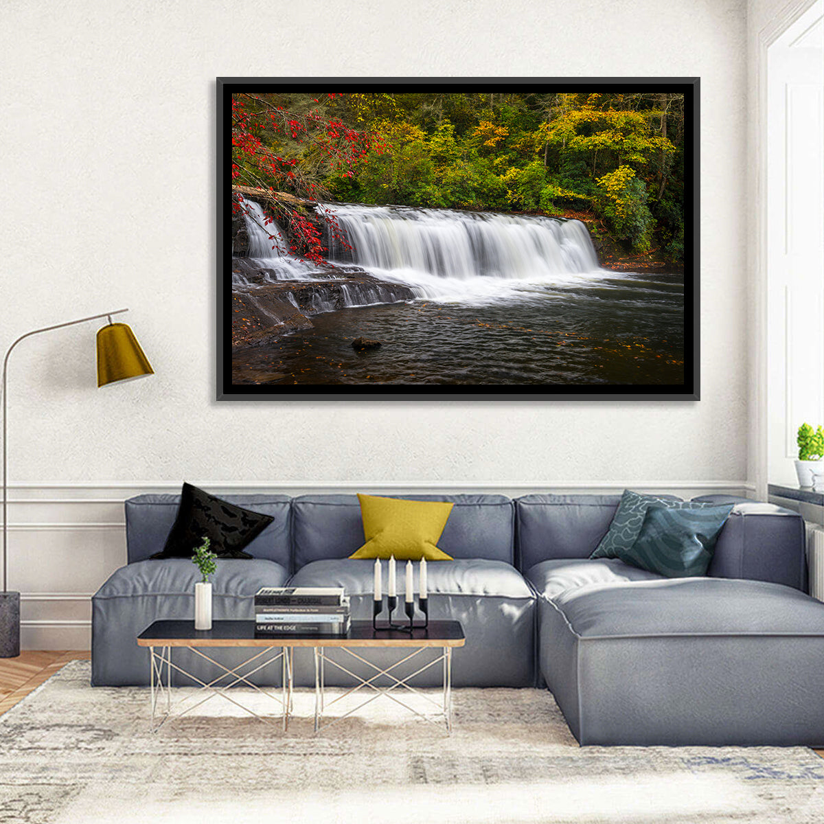 Blue Ridge Autumn Waterfall Wall Art in a room, landscape