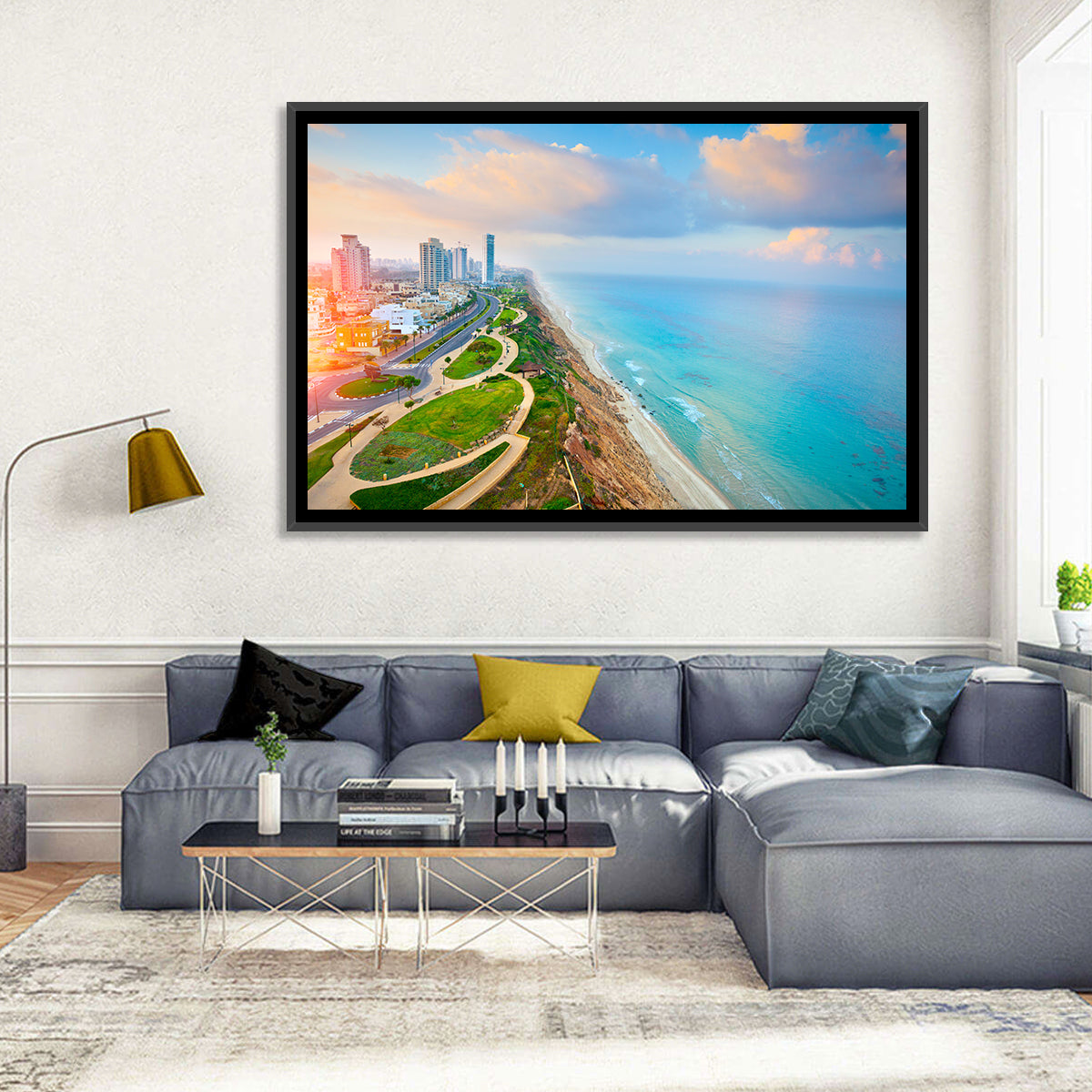 Netanya Coastline at Golden Hour Wall Art in a room, landscape