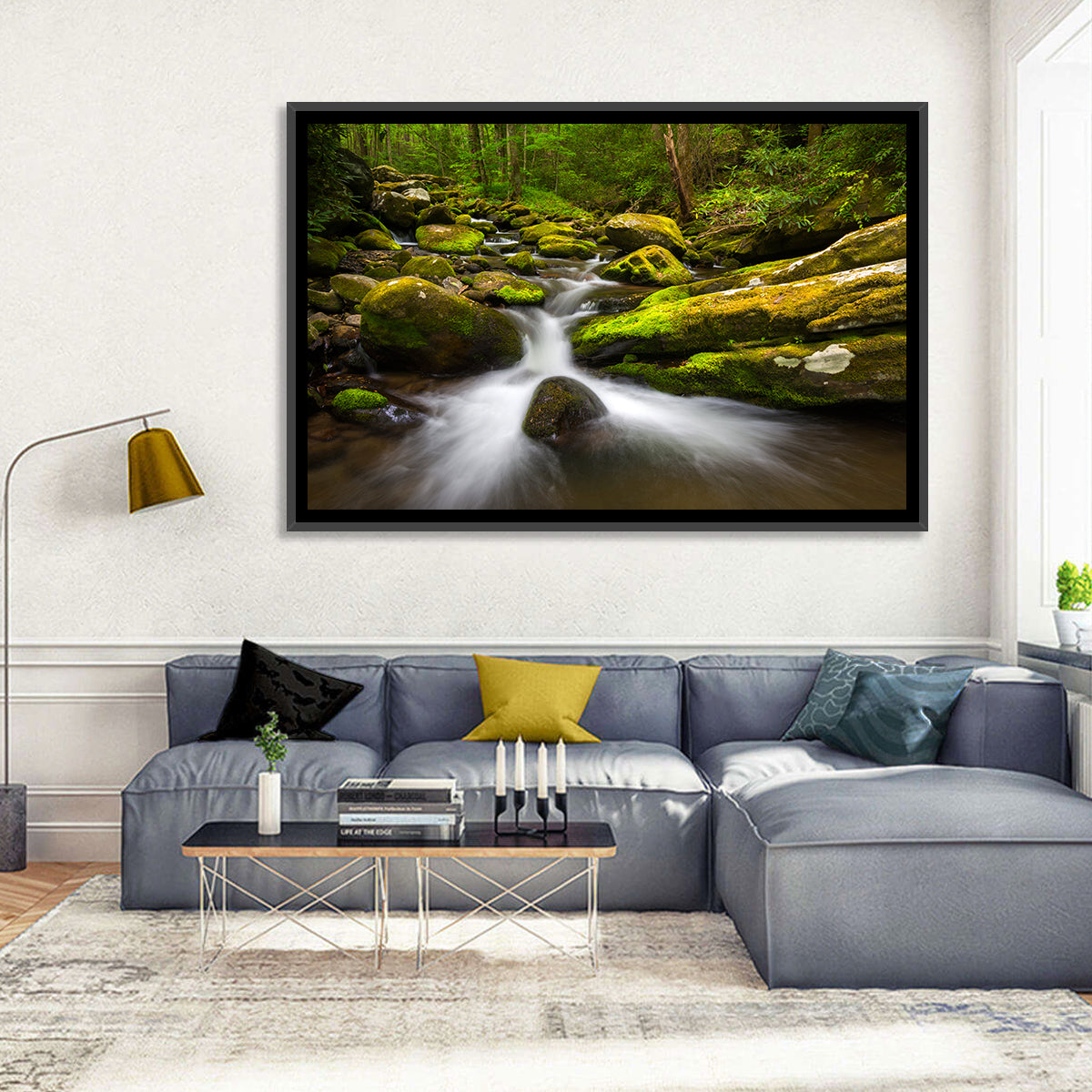 Mossy Forest Stream Wall Art in a room, landscape