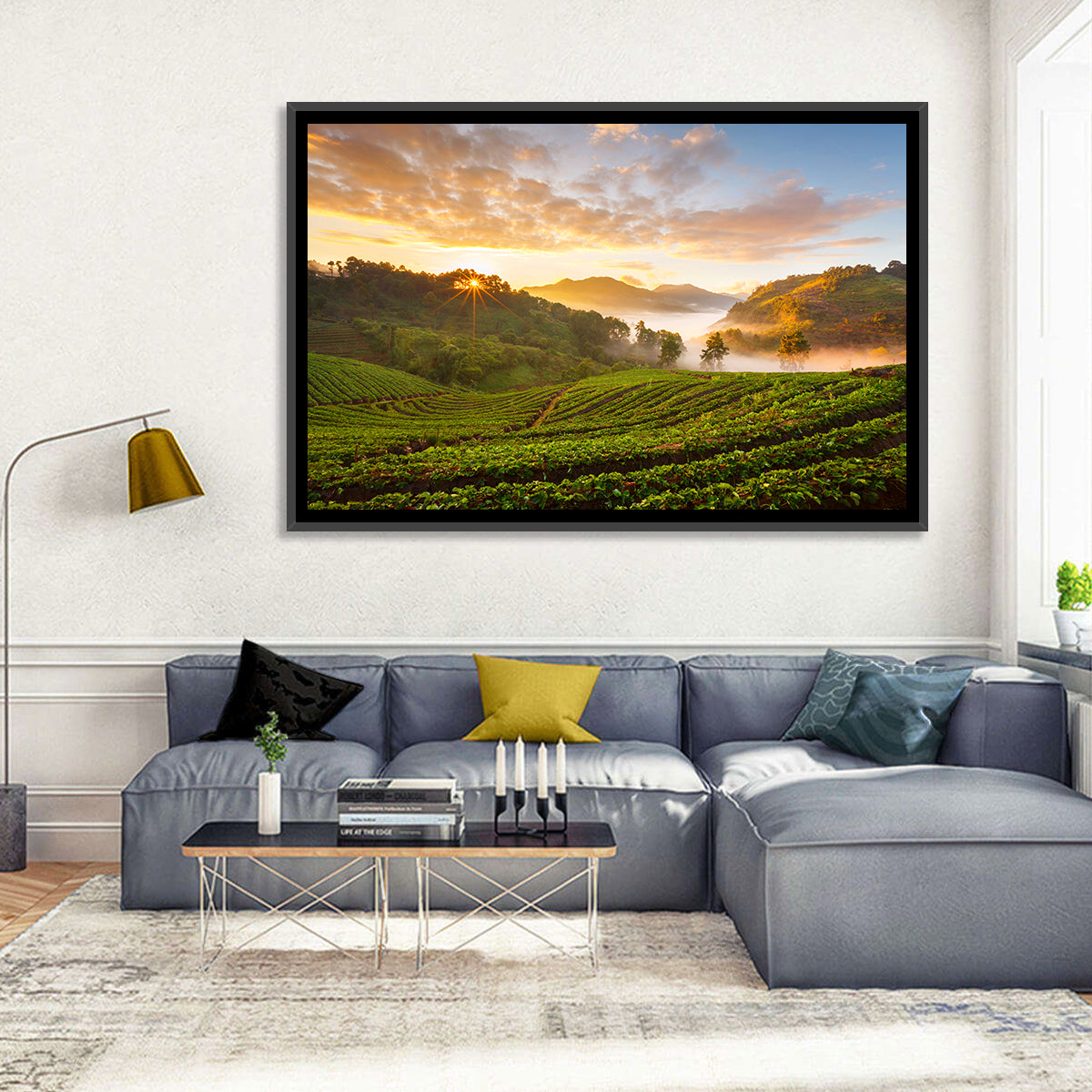 Strawberry Fields Sunrise Wall Art in a room, landscape