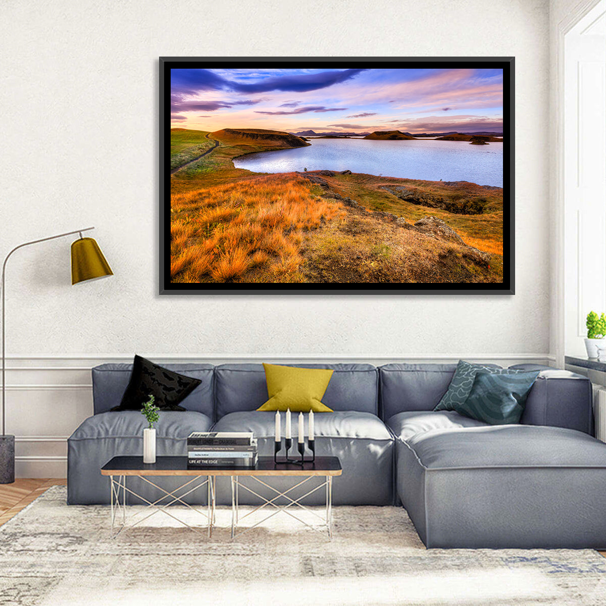 Sunset Over Lake Myvatn Wall Art in a room, landscape