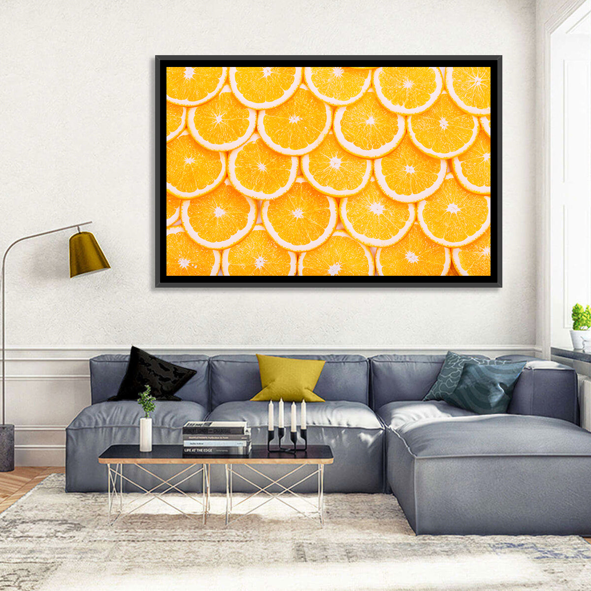 Orange Slice Grid Pattern Wall Art in a room, landscape