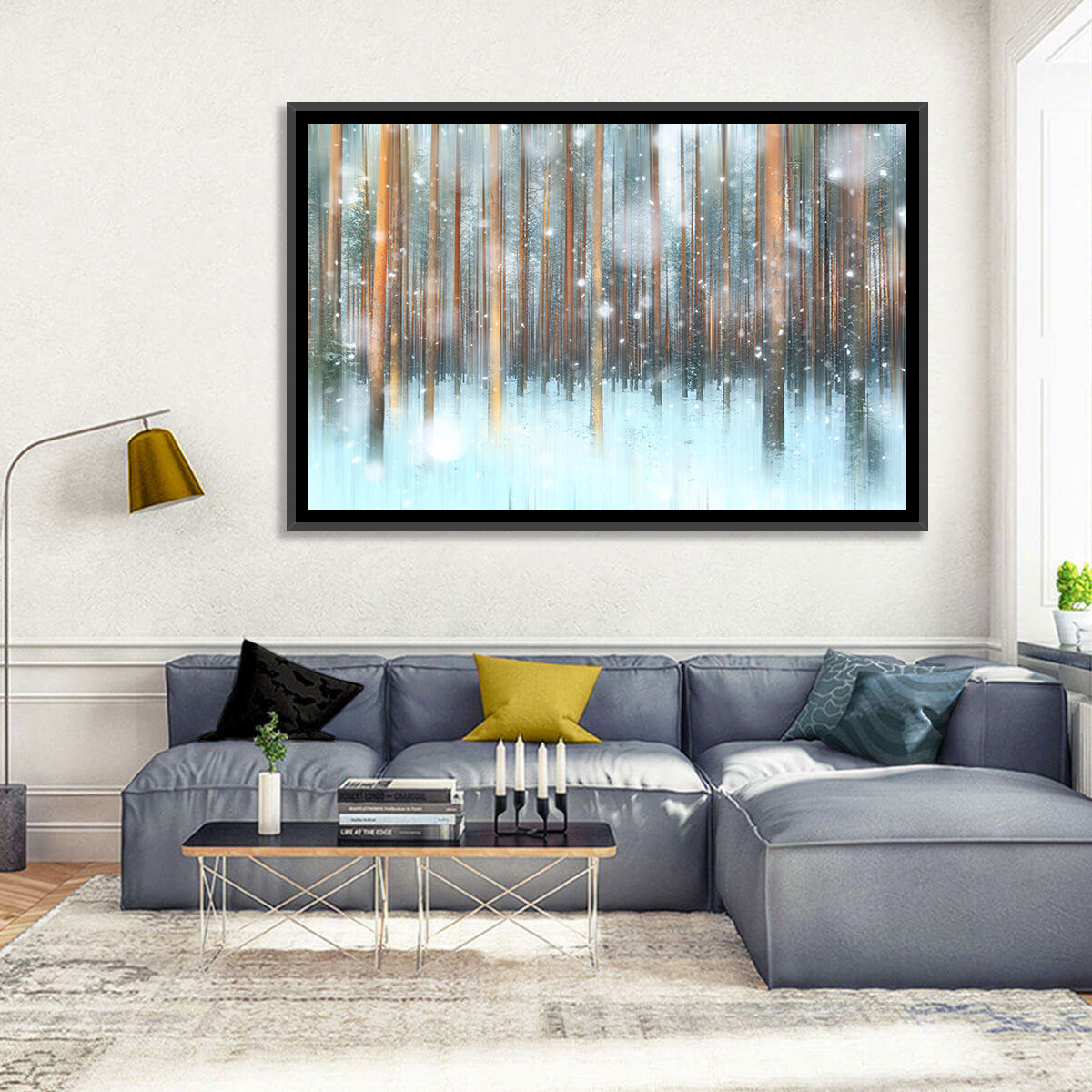 Ethereal Snowy Pine Forest Wall Art in a room, landscape