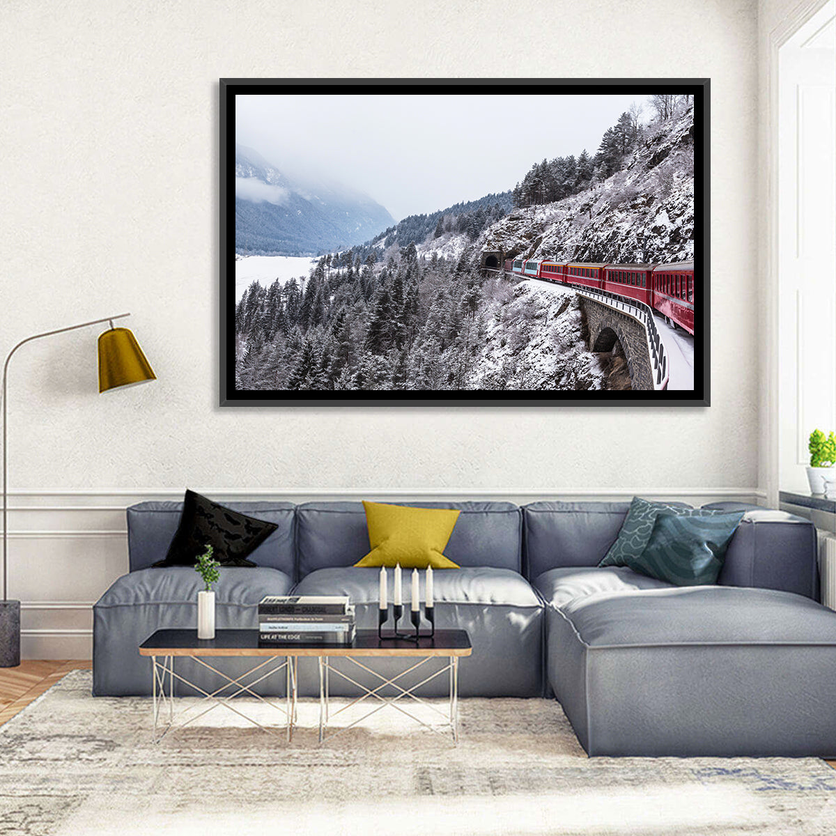 Red Train at Landwasser Viaduct Wall Art in a room, landscape