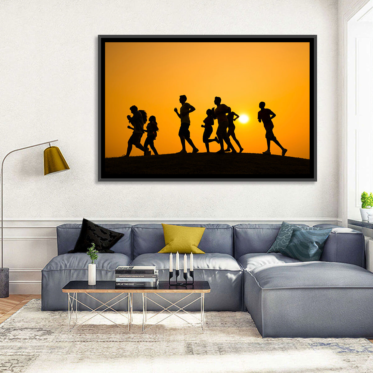 Six Runners Silhouette at Golden Sunset Wall Art in a room, landscape