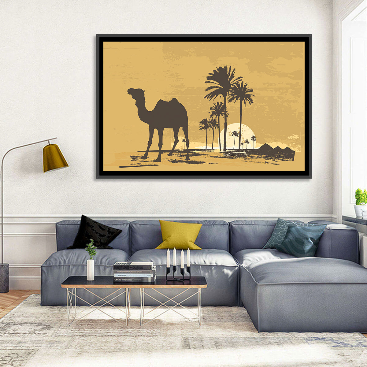 Giza Camel Silhouette Wall Art in a room, landscape