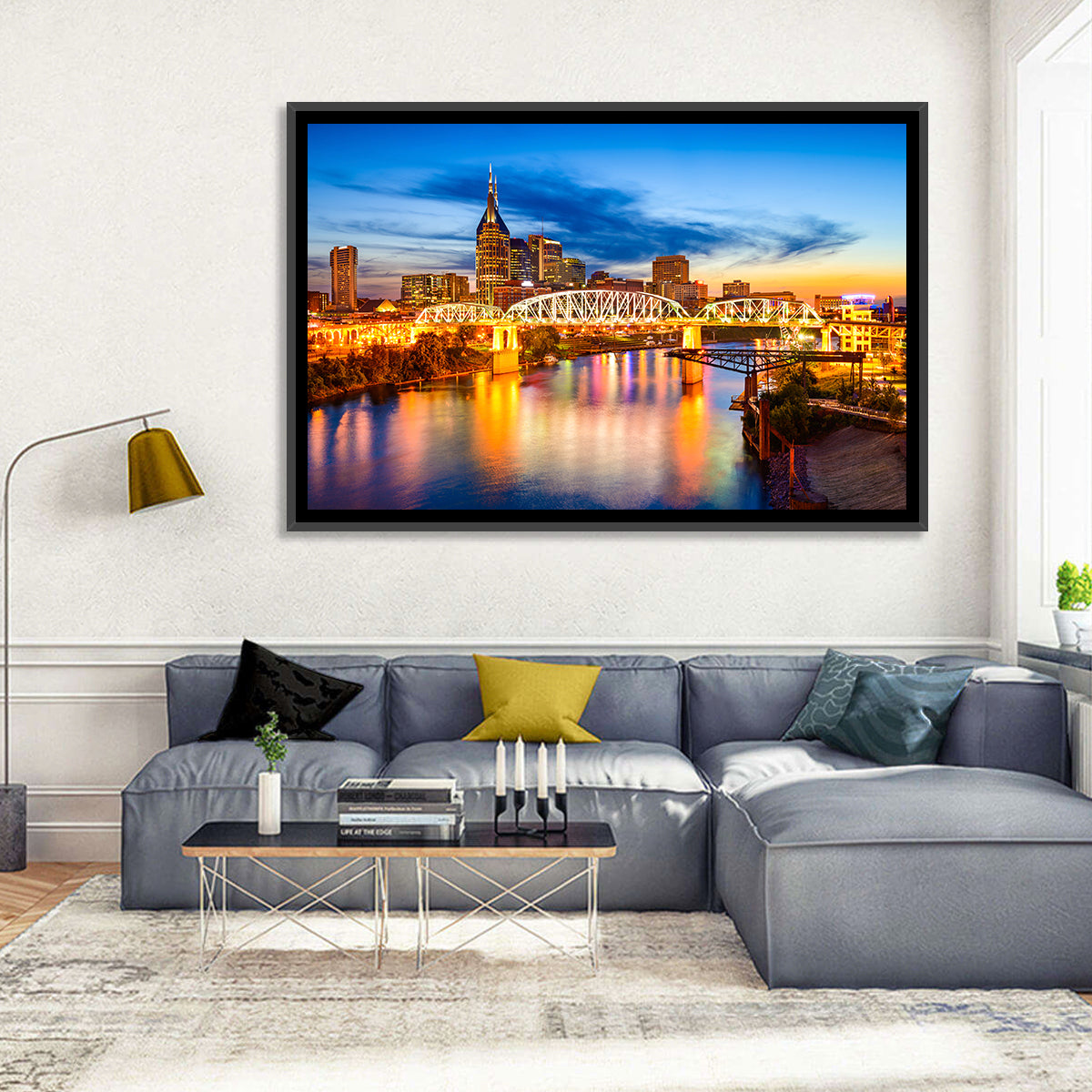 Nashville Skyline at Twilight Bridge Reflections Wall Art in a room, landscape