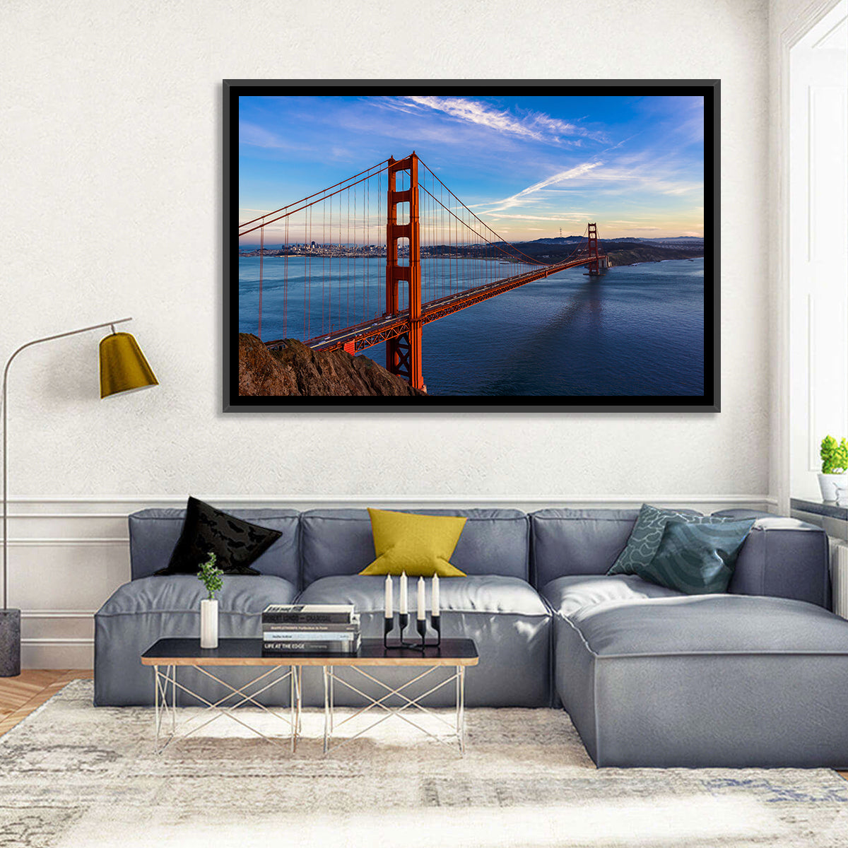 Golden Gate Bridge at Golden Hour Wall Art in a room, landscape