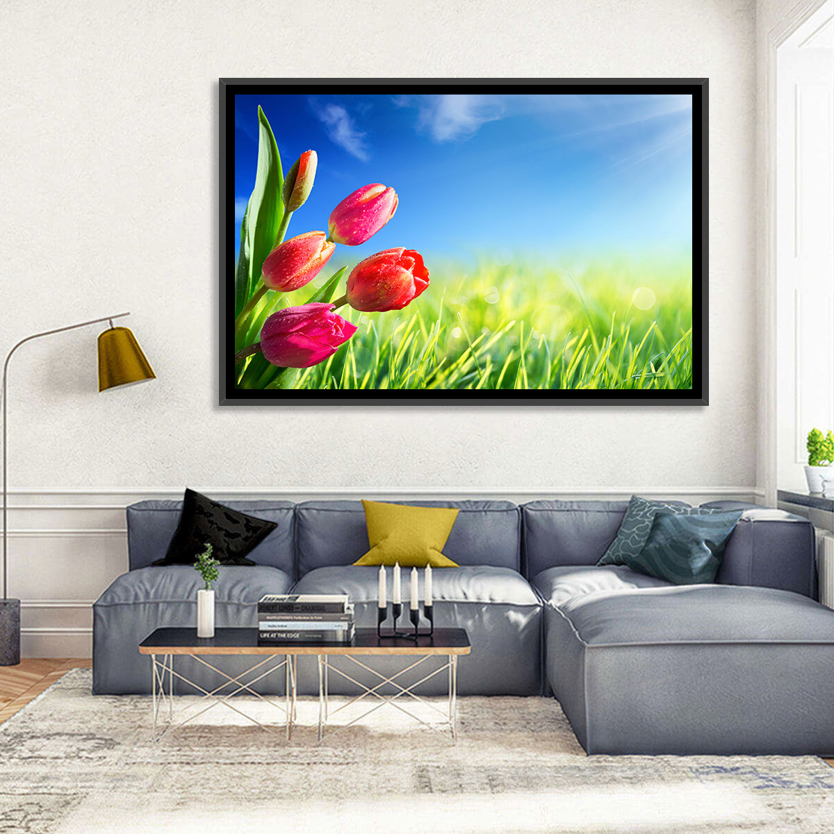Dewy Red Tulips Under Blue Sky Wall Art in a room, landscape