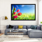 Dewy Red Tulips Under Blue Sky Wall Art