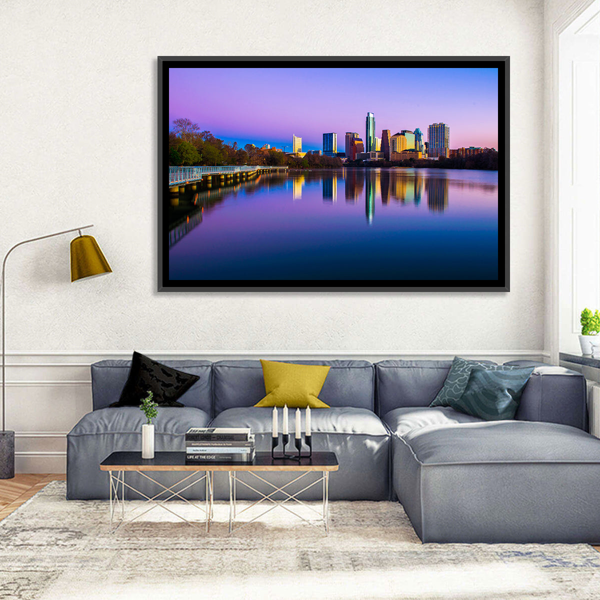 Austin Skyline Reflection at Twilight Wall Art in a room, landscape