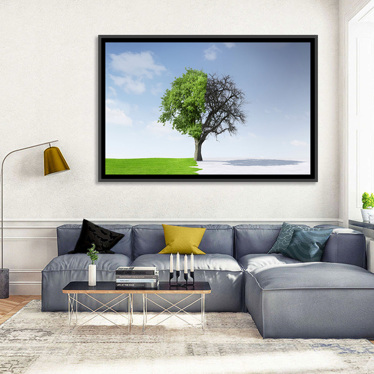 Split Seasons Tree Wall Art in a room, landscape