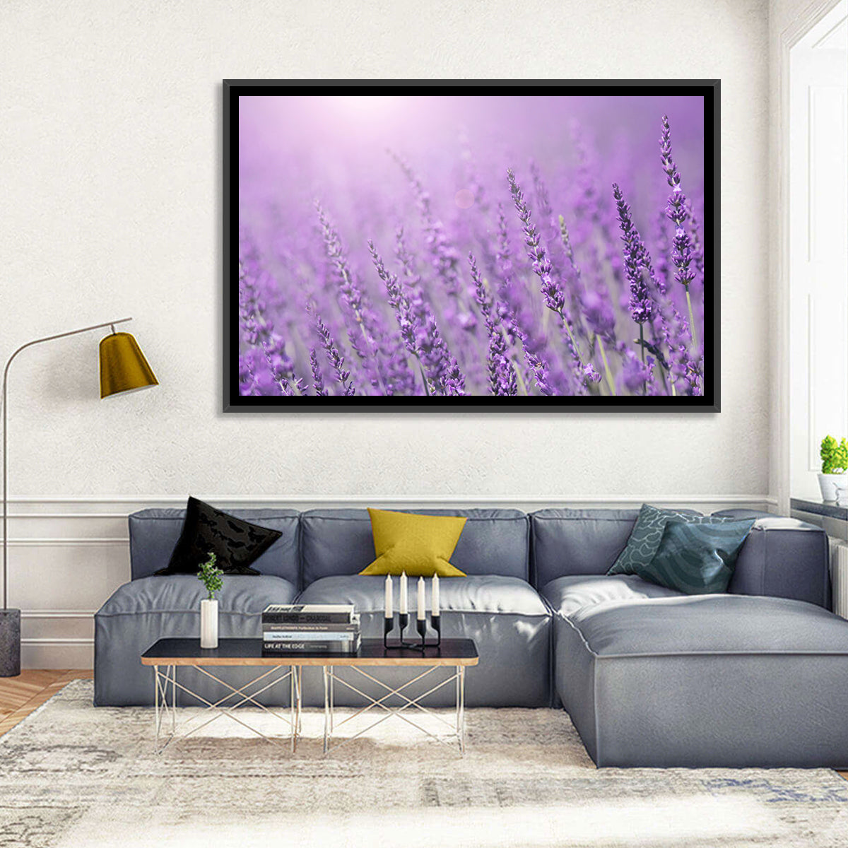 Sunlit Lavender Field Wall Art in a room, landscape
