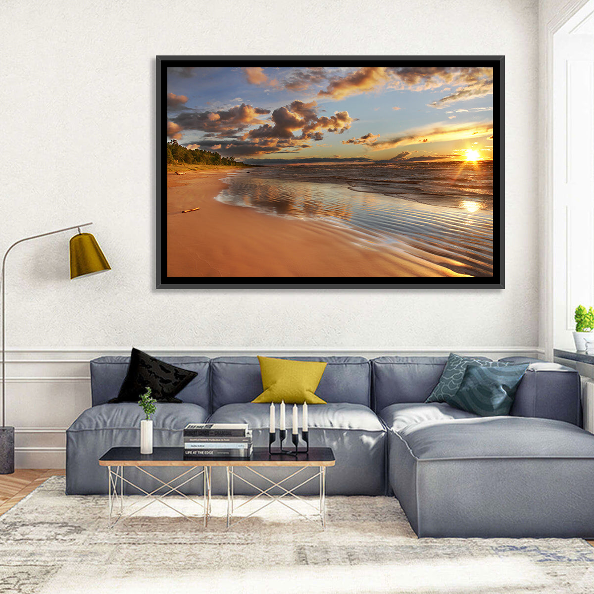 Lake Huron Sunset Beach Wall Art in a room, landscape