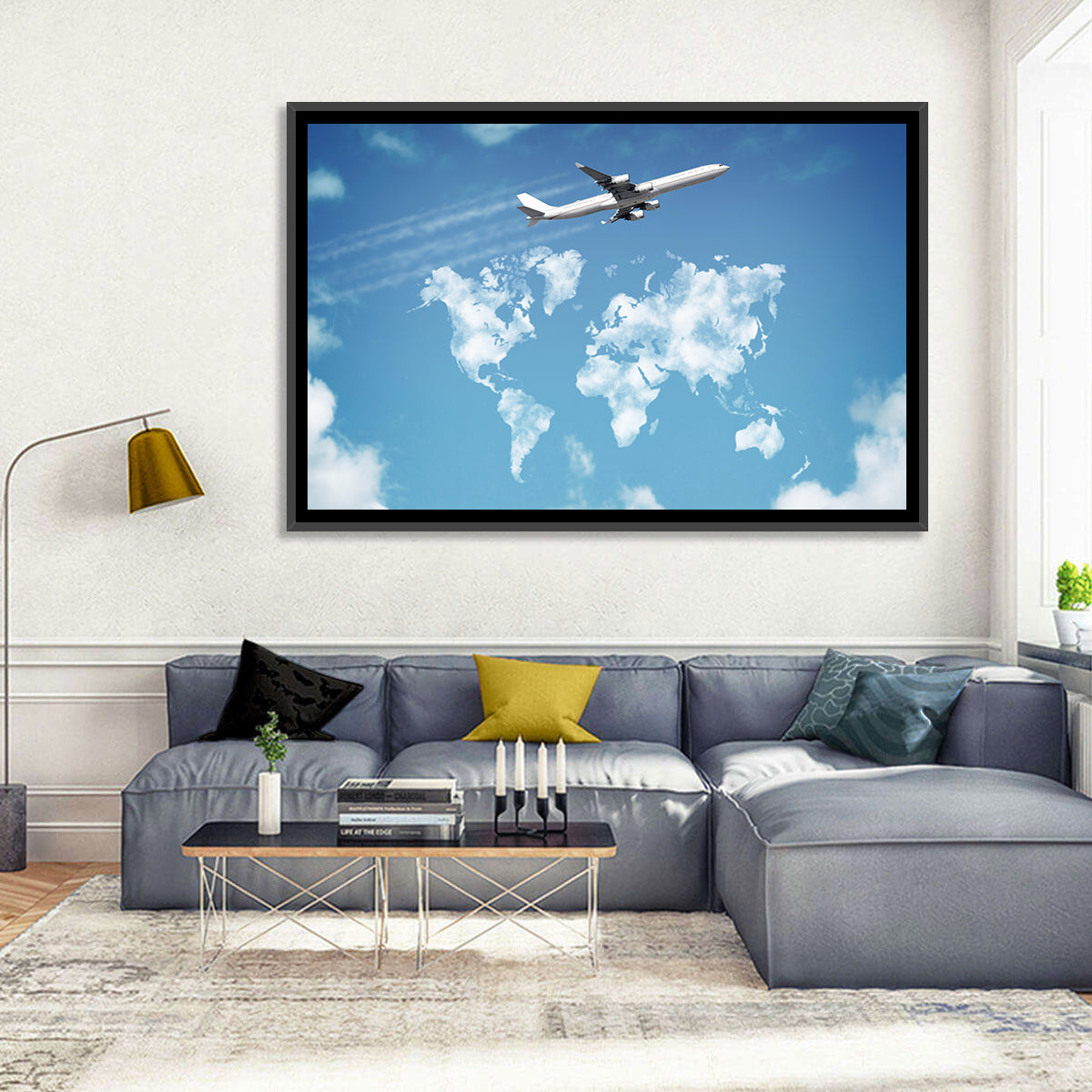 Jet Over Cloud World Map Wall Art in a room, landscape
