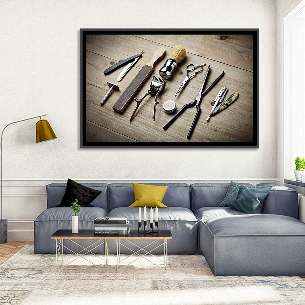 Vintage Barber Tools on Wooden Workbench Wall Art