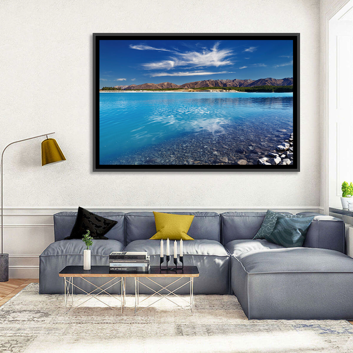 Lake Pukaki Pebble Shore Wall Art in a room, landscape