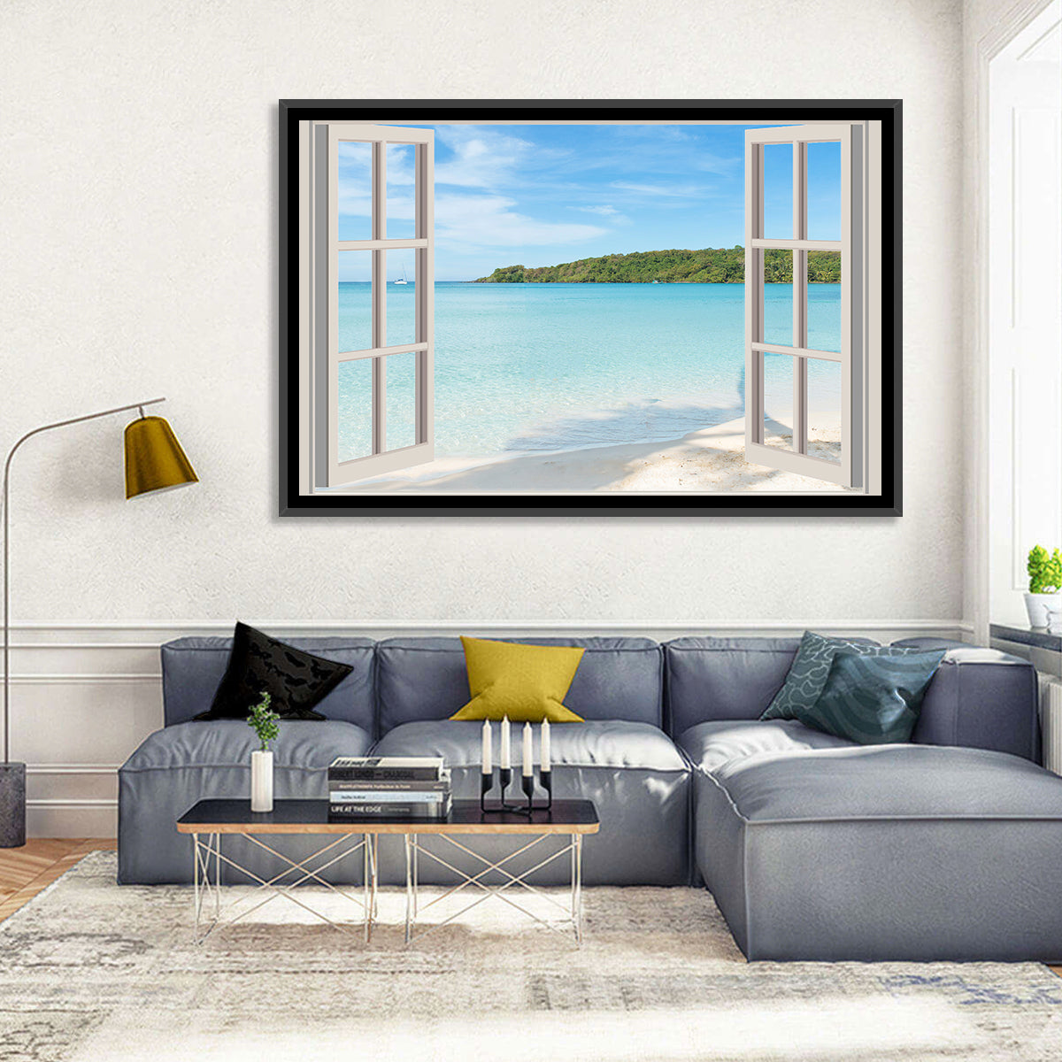 Turquoise Beach View Through Window Wall Art in a room, landscape