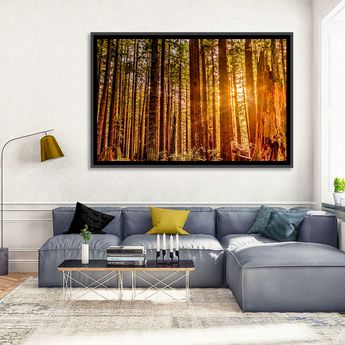 Golden Hour Redwood Sunburst Wall Art in a room, landscape