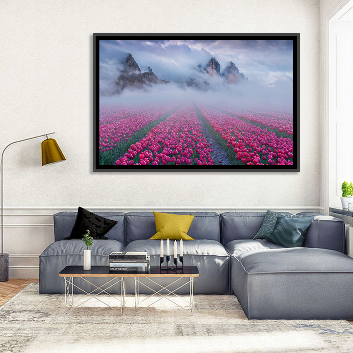 Misty Pink Tulip Field Wall Art in a room, landscape