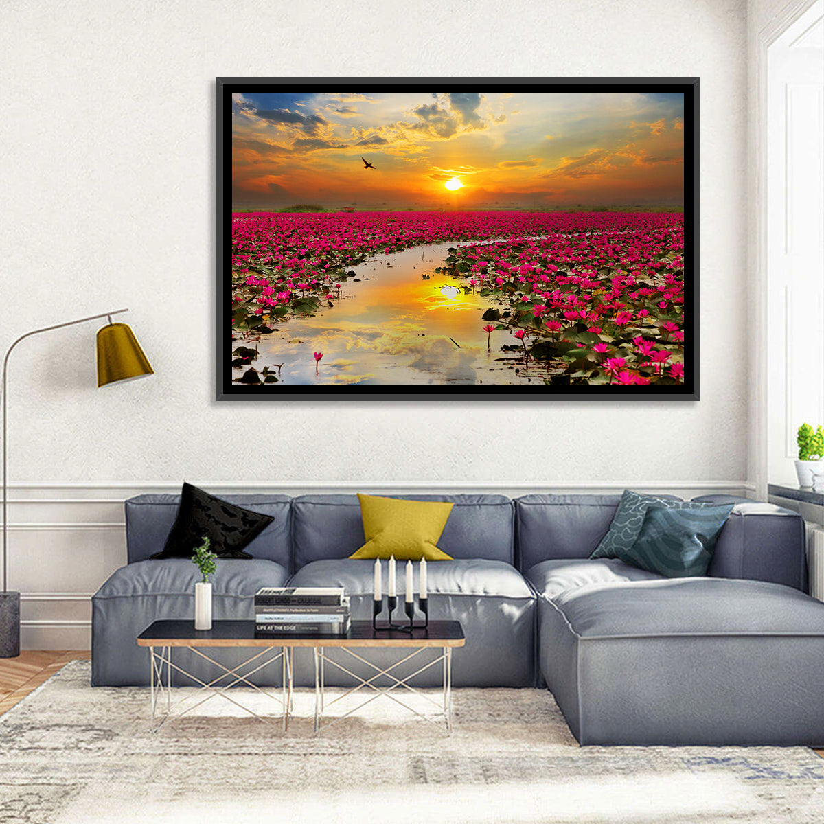 Golden Hour Lotus Field Wall Art in a room, landscape