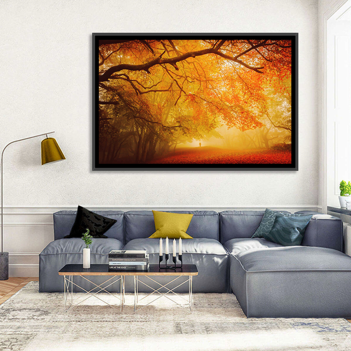 Autumn Forest Path with Lone Figure Wall Art in a room, landscape
