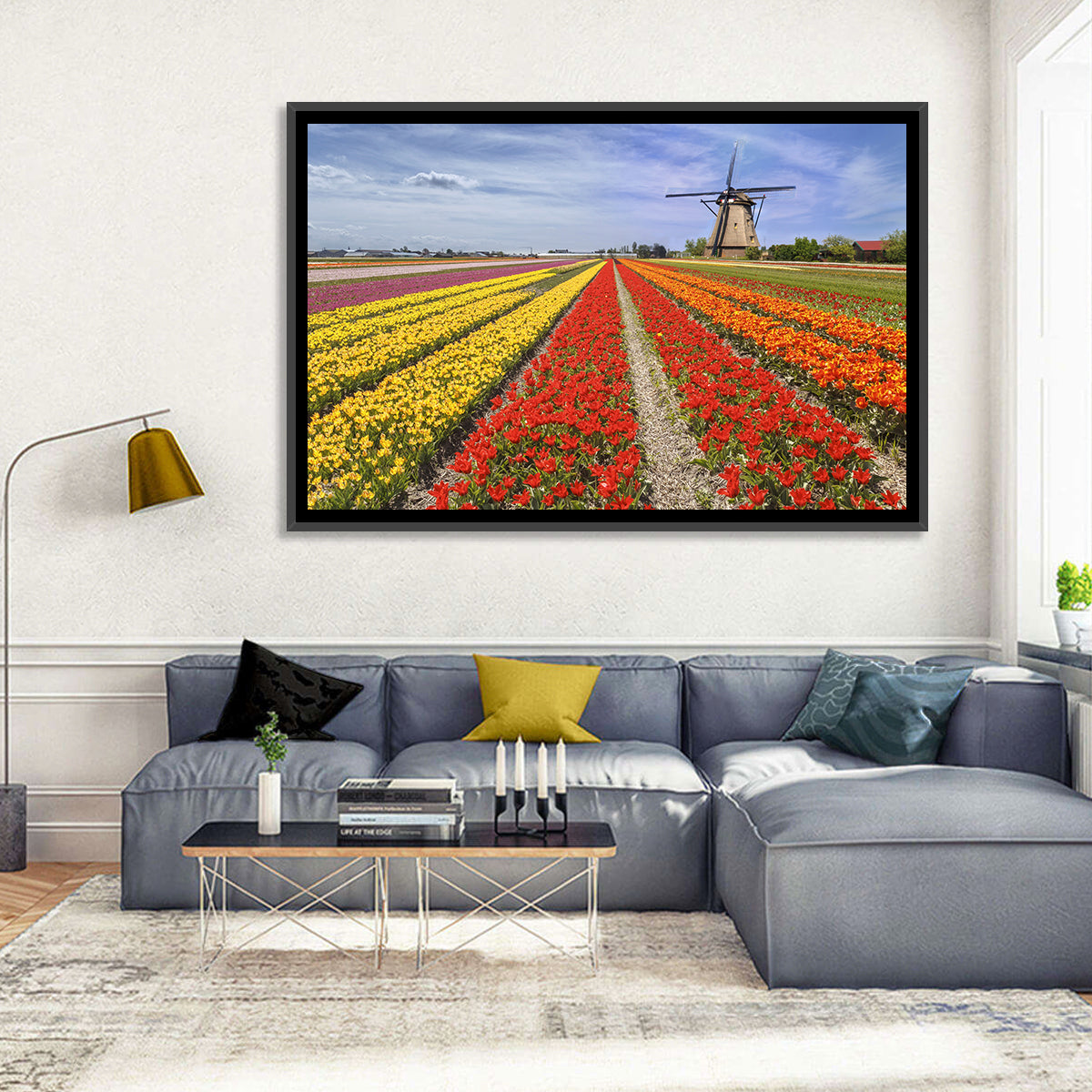 Spring Tulip Fields with Dutch Windmill Wall Art in a room, landscape
