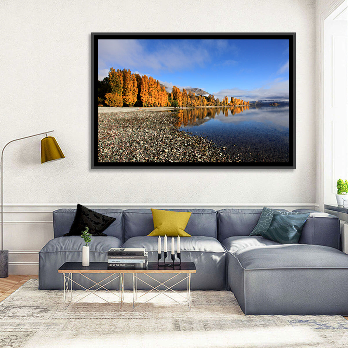 Lake Wanaka Golden Reflection Wall Art in a room, landscape