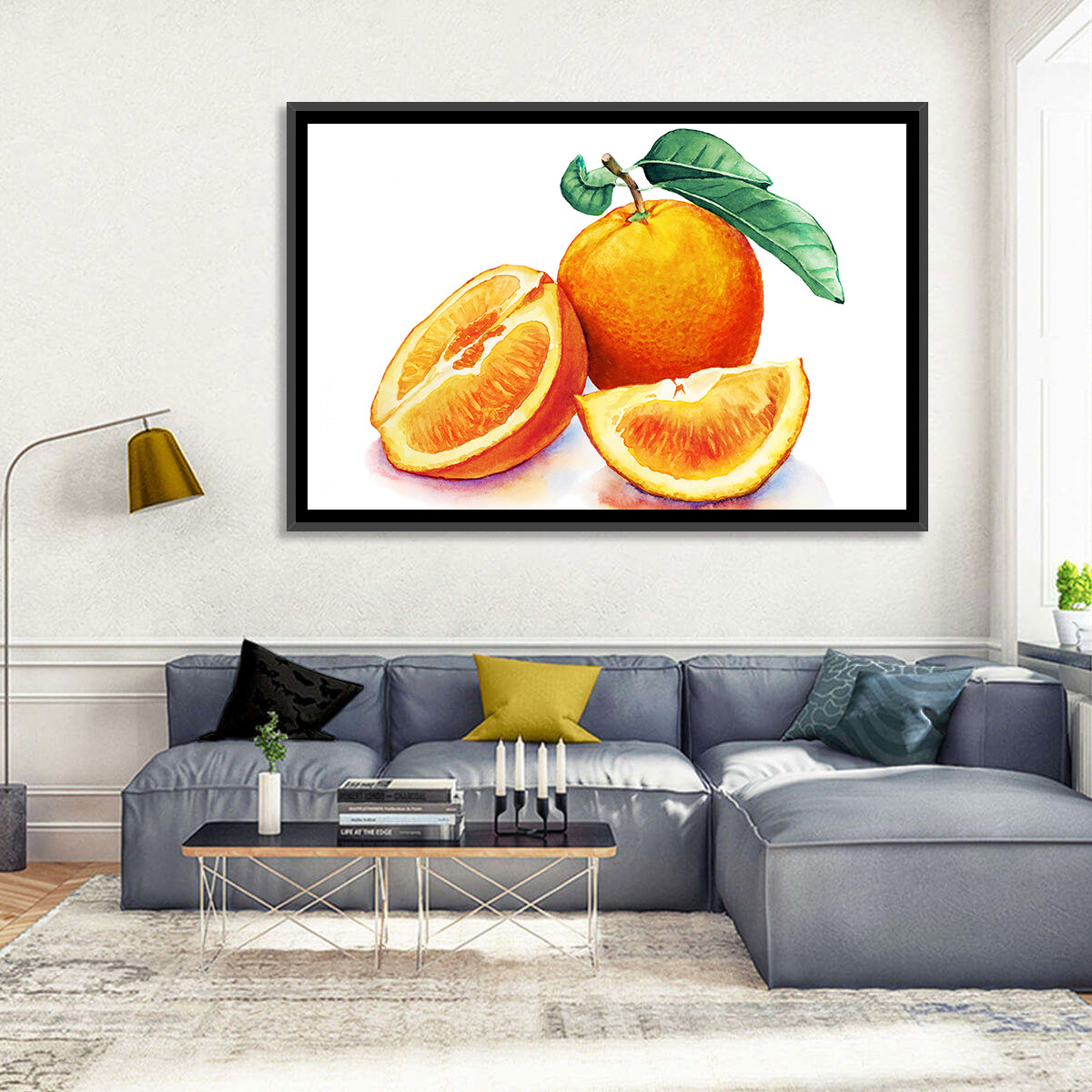 Watercolor Orange Still Life Wall Art in a room, landscape