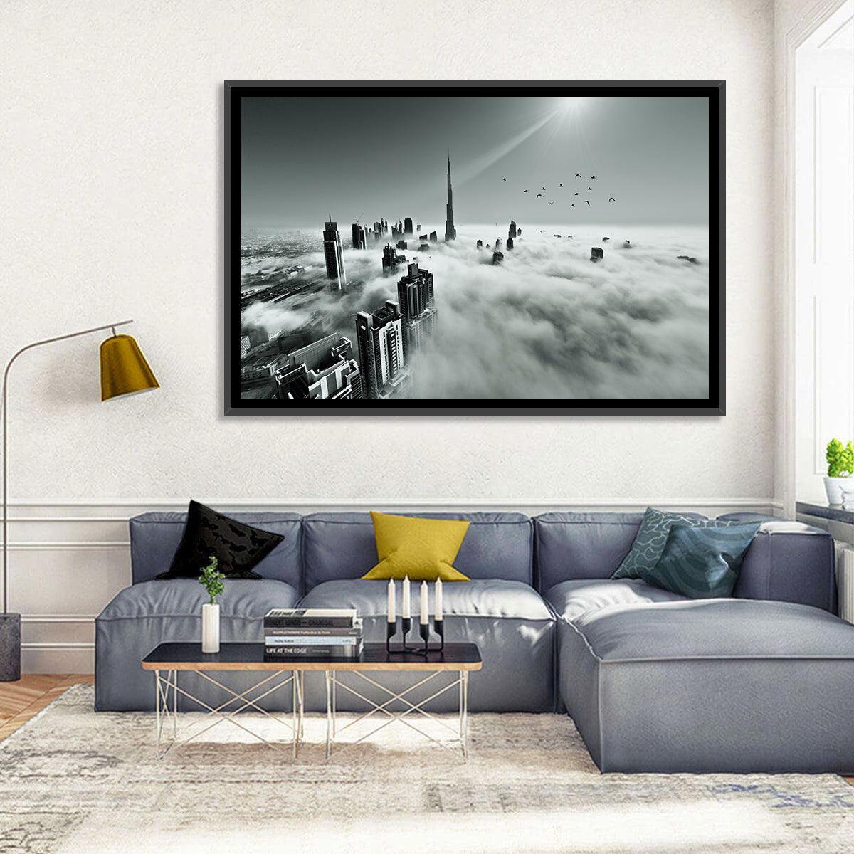 Burj Khalifa Rising Through Morning Fog Wall Art in a room, landscape