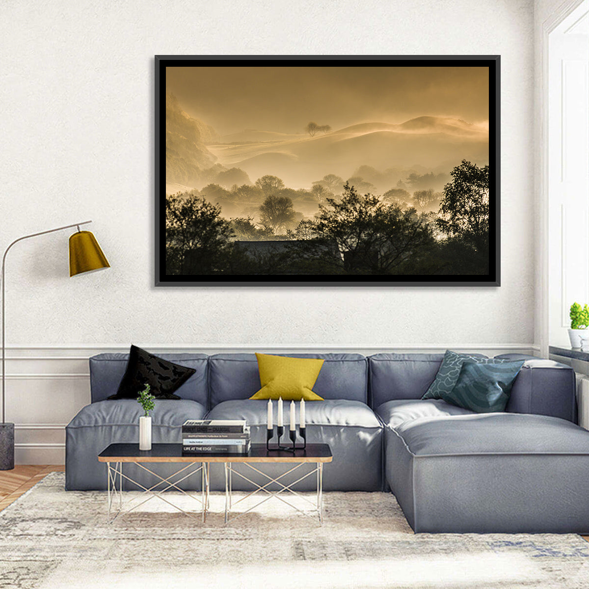 Bronze Morning Mist Over Hills Wall Art in a room, landscape