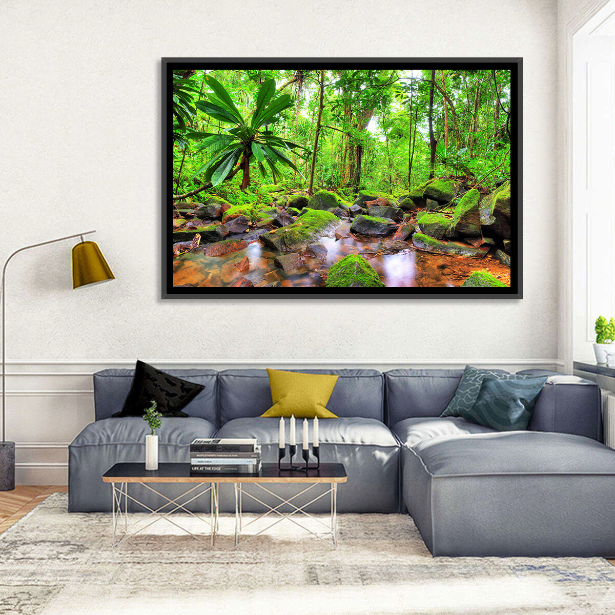 Mossy Rainforest Stream Wall Art in a room, landscape
