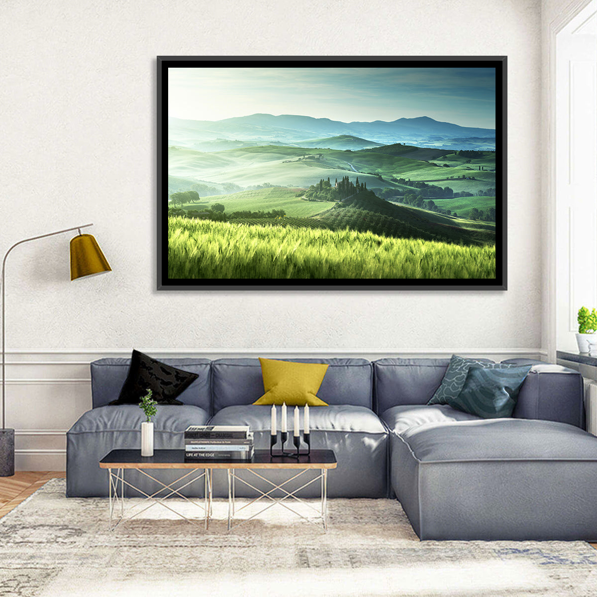 Misty Rolling Hills with Cypresses Wall Art in a room, landscape
