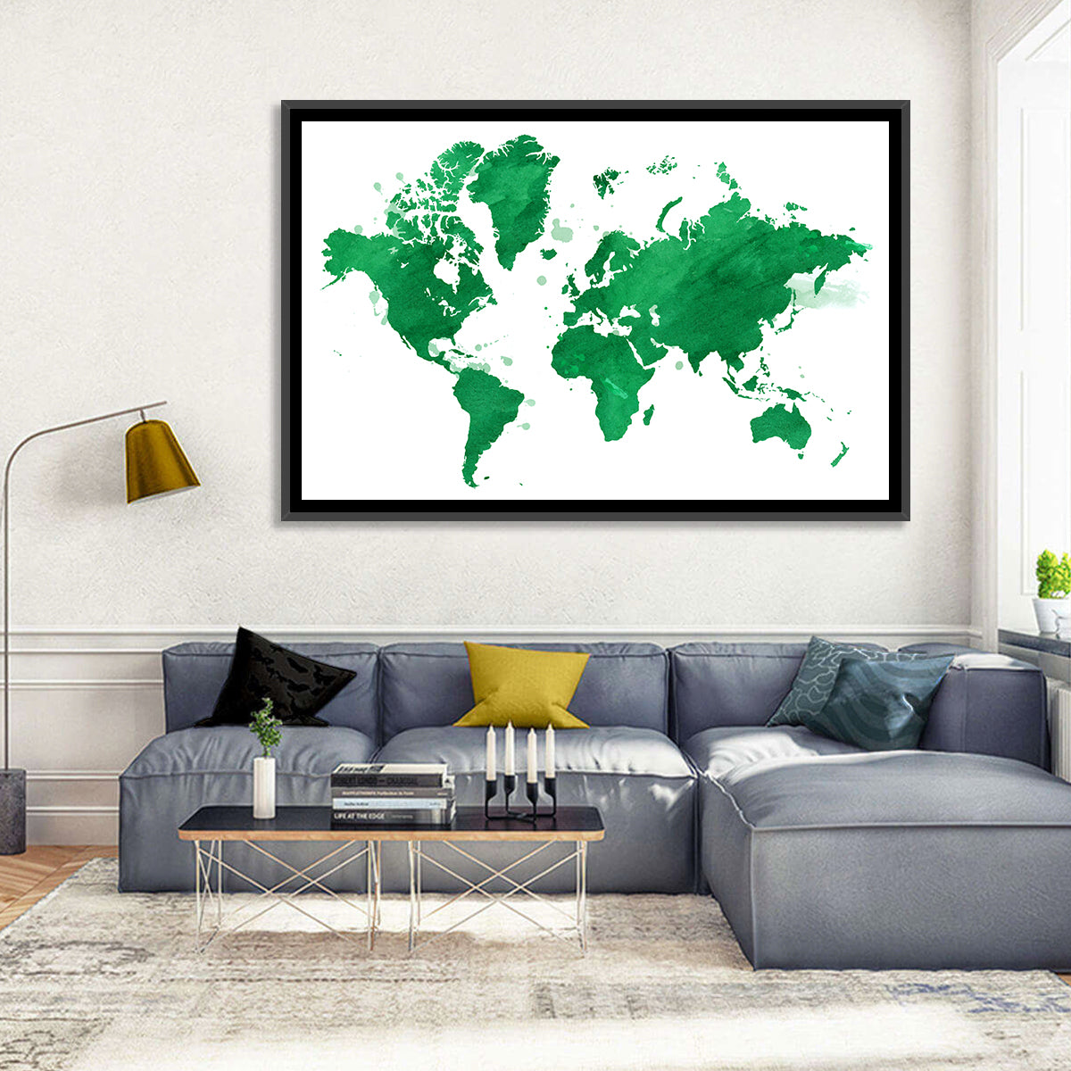 Green Watercolor World Map Wall Art in a room, landscape