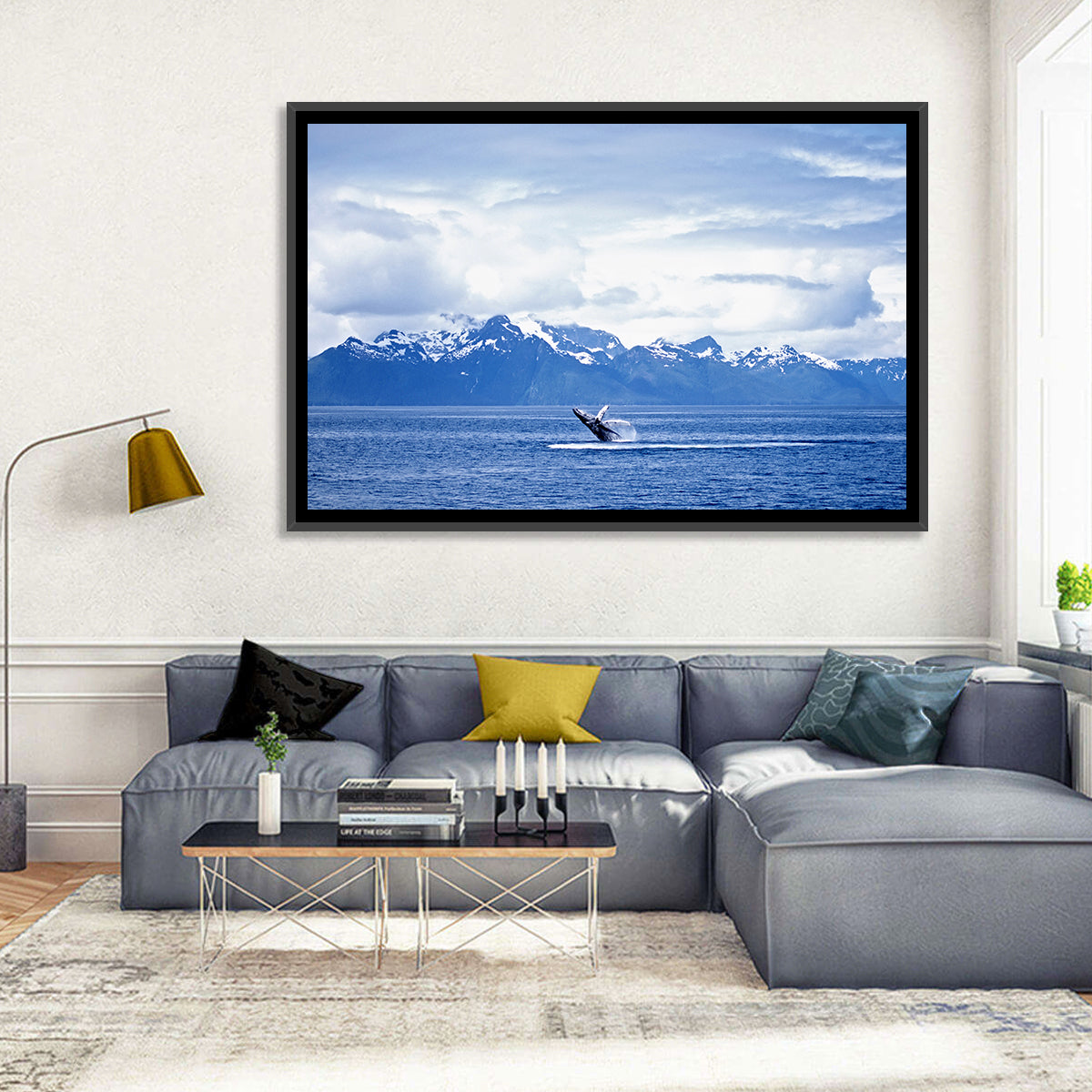Humpback Whale with Snow Capped Mountains Wall Art in a room, landscape