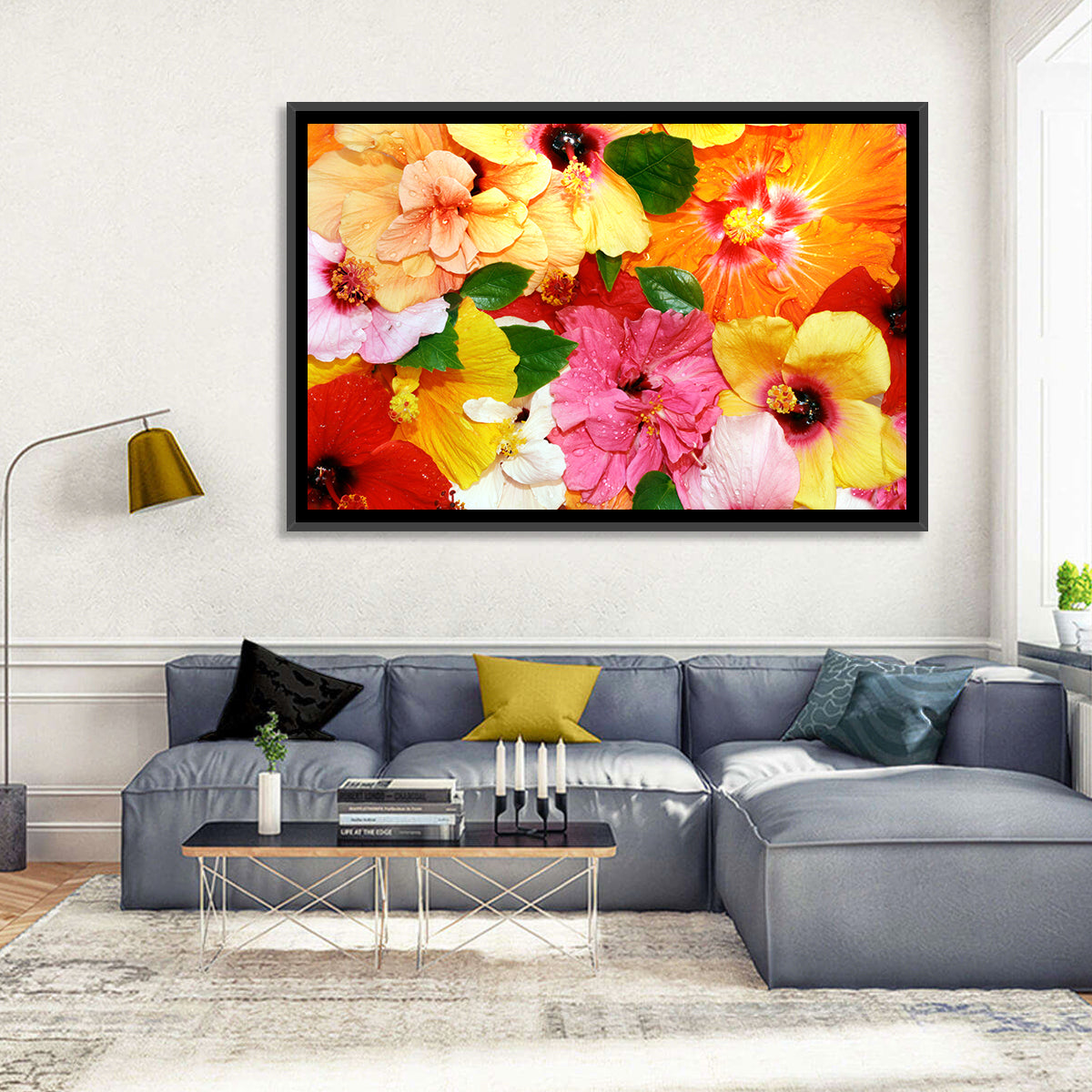 Vibrant Hibiscus Close-up Wall Art in a room, landscape