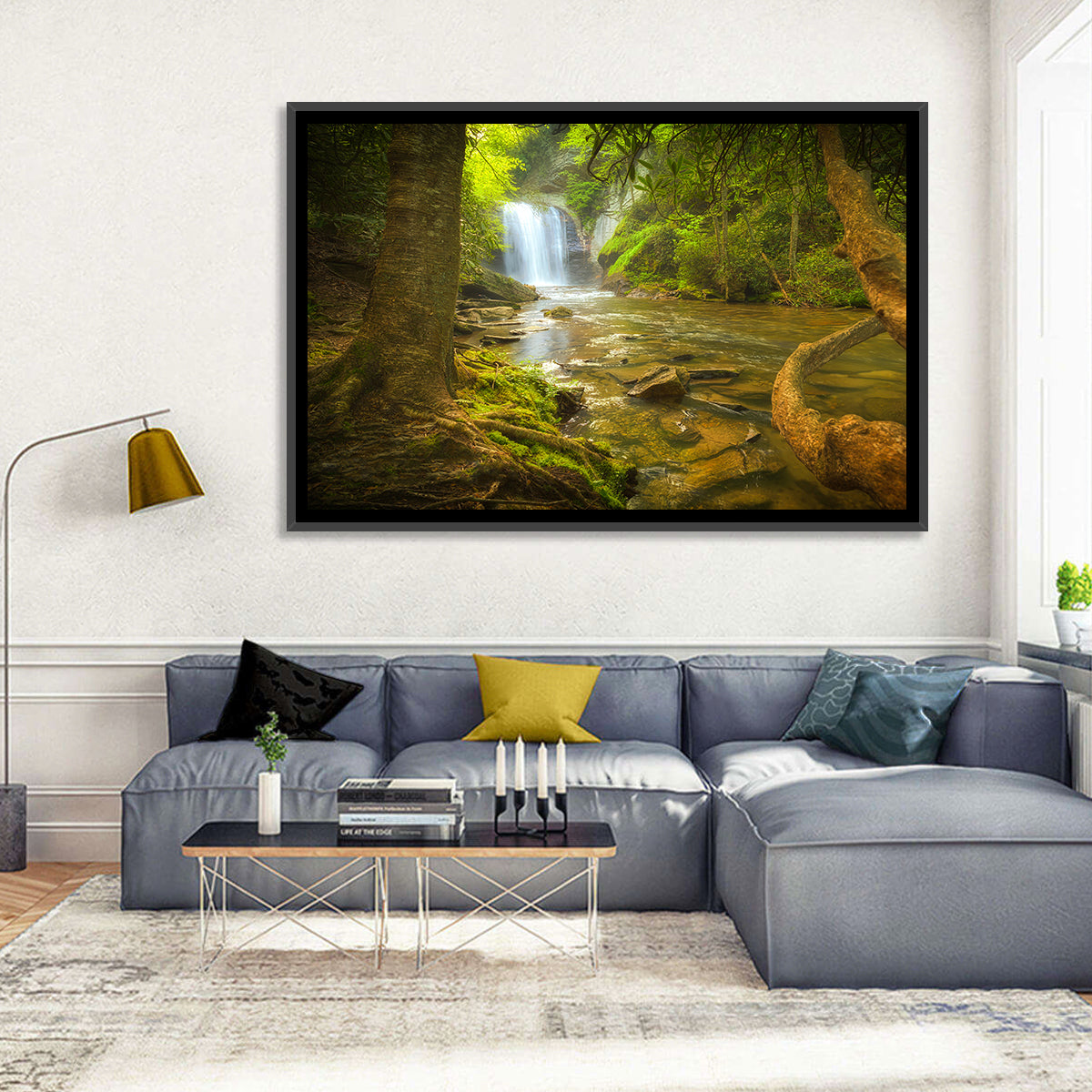Deep Forest Waterfall Wall Art in a room, landscape
