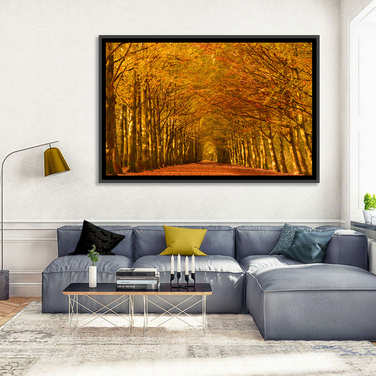 Golden Beech Tree Tunnel in Autumn Wall Art in a room, landscape